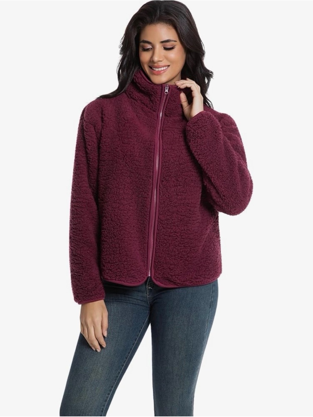 Women’s Cozy Teddy Zip Jacket in Deep Berry Size M - Picture 4 of 7